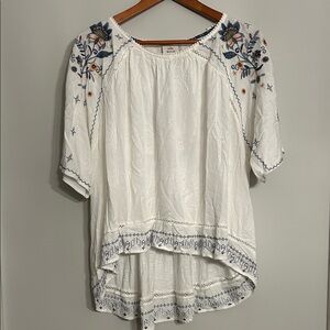 Knox Rose White Peasant Tunic with Blue and Pink Floral Embroidery
